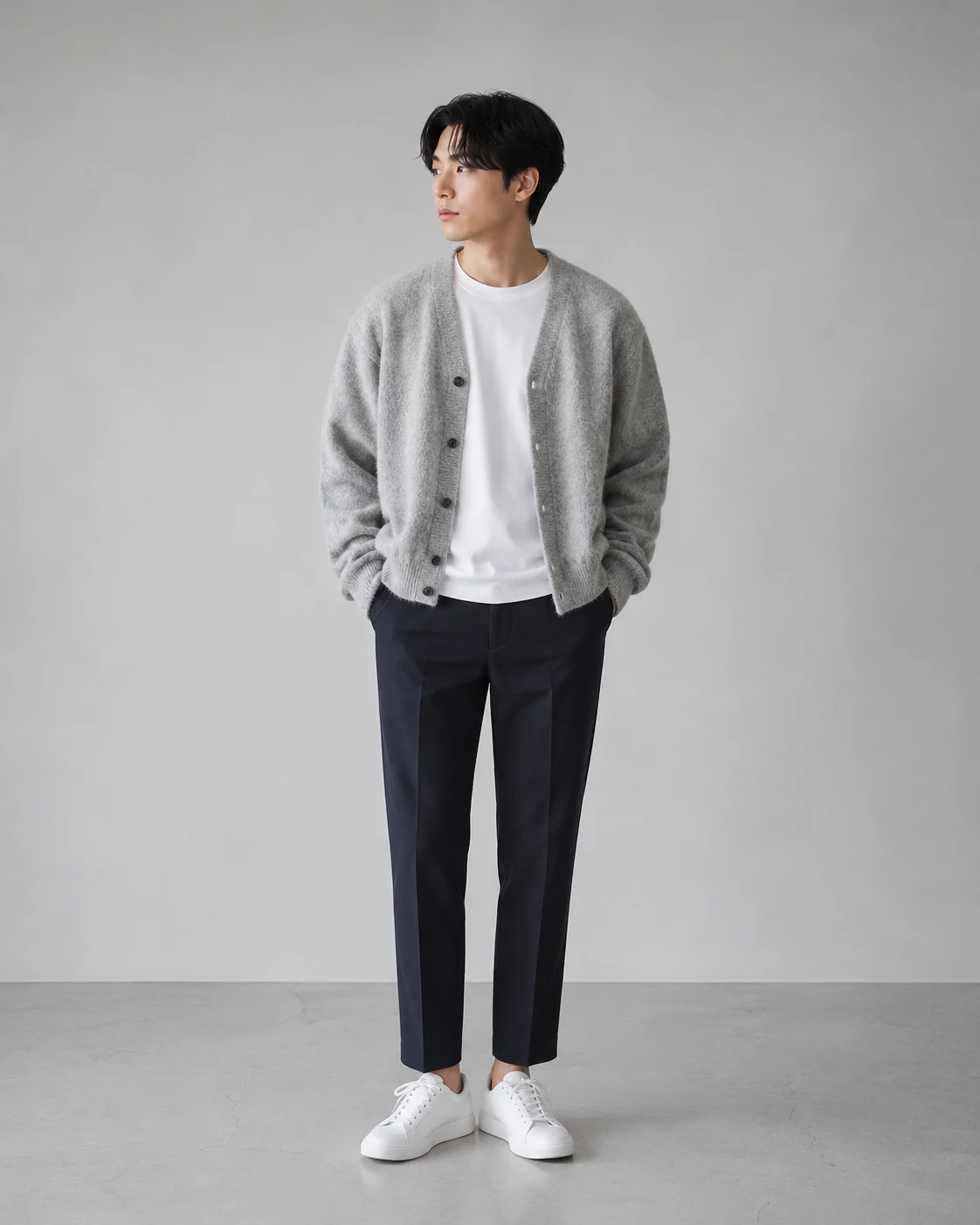 淡い起毛カーディガン、細身アンクルパンツ、白スニーカーを合わせた従来型のきれいめカジュアル